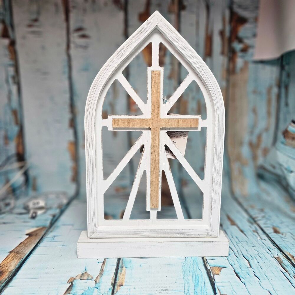 NWT Rustic White Church Window Cross Tabletop Decor Farmhouse Wood 13.5" x 7"